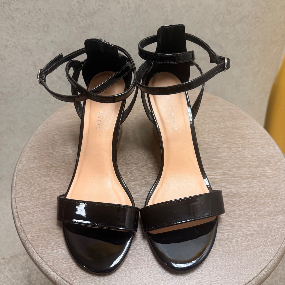Kelly &‎ Katie 10 Womens Black Classic Patent Wedge Double Ankle Strap Sandal